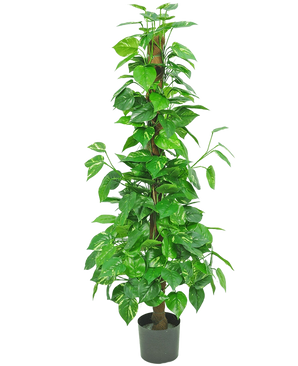 The Artificial Plant Pothos 150 cm is a tall artificial plant with glossy green leaves on a central brown stem, in a small black pot against a plain white background.