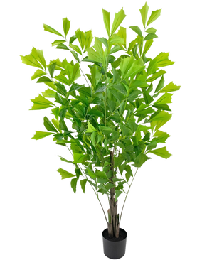 The Artificial Fishtail Palm 150 cm is a lush green housepot plant with multiple upright stems and large, fan-shaped leaves, presented in a simple black pot against a white background.