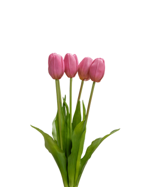 The Artificial Tulip Bouquet Real Touch Purple 40 cm has four purple tulips with realistic green leaves and stems, which stand upright against a plain white background.