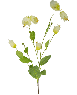 An Artificial Flower Fritillary Butterfly 94 cm in size with a single green stem, multiple white bell-shaped flowers and multiple green leaves on a plain white background.