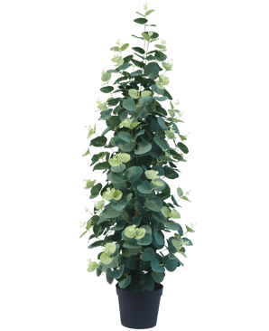 The Artificial Plant Eucalyptus 76 cm is a tall, lush artificial eucalyptus plant with round green leaves in a black pot, against a plain white background.