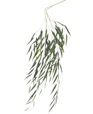 The Artificial Leaf Weeping Willow 134 cm fire retardant has long, slender green leaves that hang down against a plain white background and is treated with a fire retardant coating for extra safety.