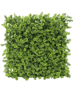 The Artificial Hedge Moss 50x50 cm UV is a dense square panel of artificial green foliage with small leaf branches, depicted from above on a white background.