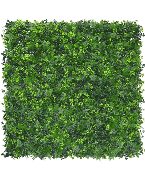 The Artificial hedge matt mix 50x50 cm UV fire retardant is a square panel with dense, mixed green artificial leaves, making it resemble a lush vertical garden. It is UV resistant and fire retardant for long-term outdoor use.