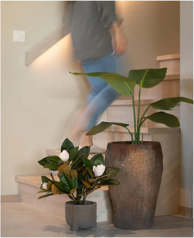 A person walks up a wooden staircase, past two potted plants: one is the Artificial Magnolia plant in a 46 cm pot with large green leaves, and the other is a small, easy-care plant with white flowers. Both are placed at the foot of the stairs as a stylish interior decoration.