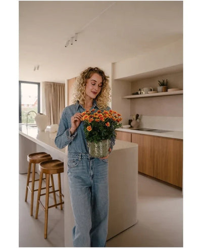 A woman with curly blonde hair, wearing a denim shirt and jeans, stands in a modern kitchen holding an Artificial Daisy UV plant of 31 cm with bright orange flowers. Next to her are two wooden stools at the kitchen island.