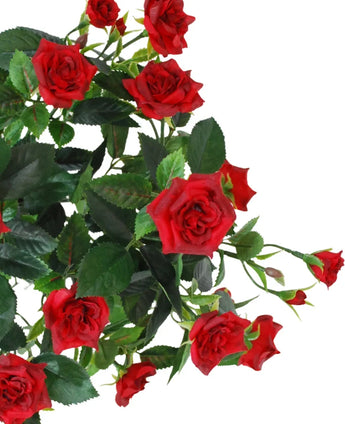 An Artificial Plant Patio Rose, 35 cm, in red/black, featuring lifelike, vibrant red roses with green leaves on stems, against a white background.