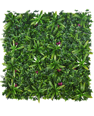 De Kunsthaag Olivine 100x100 cm UV is een dicht verticaal tuinpaneel met groene bladplanten met kleine paarse bloemen, perfect om levendig groen toe te voegen aan elke ruimte.