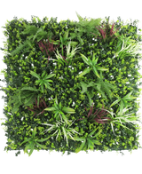 The Artificial Hedge Rona 100x100 cm UV is a square panel with a lush mix of green foliage, ferns and small leafy plants with white and burgundy accents, all against a fresh white background.