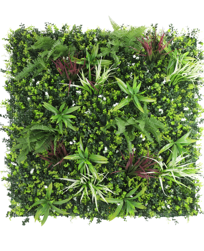 The Artificial Hedge Rona 100x100 cm UV is a square panel with a lush mix of green foliage, ferns and small leafy plants with white and burgundy accents, all against a fresh white background.