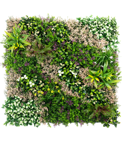 The Artificial Hedge Pinky Love 100x100 cm UV is a square vertical garden with a dense mix of green leaves with pink accents, arranged in a natural pattern on a white background.