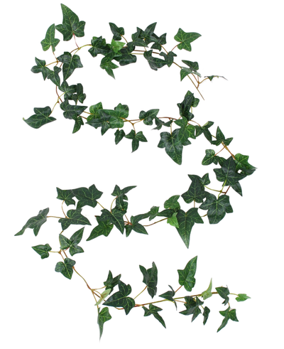 The Artificial hanging plant Ivy Boston Garland 180 cm green has a single artificial ivy vine with dark green leaves that elegantly meanders on a white background.