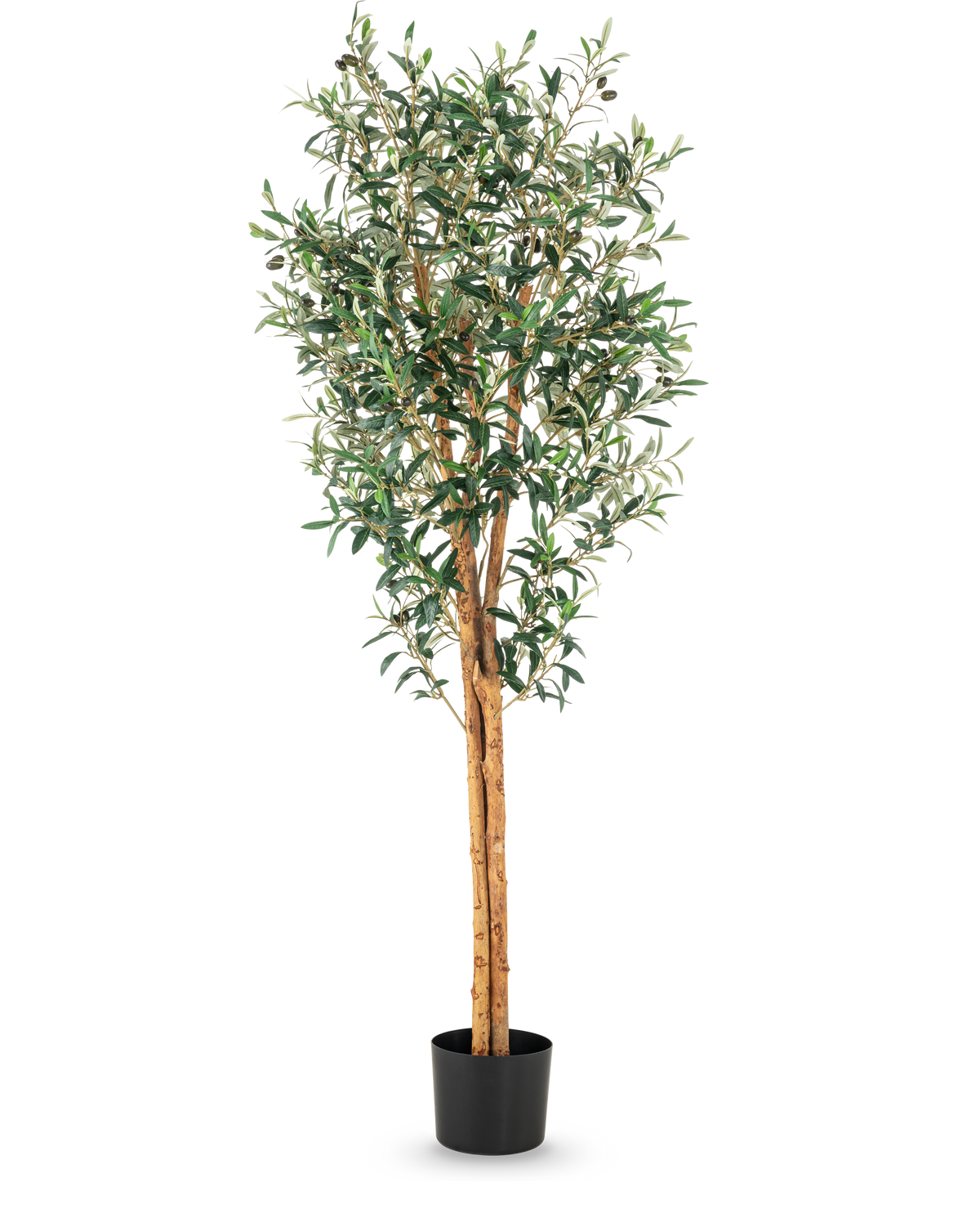 The Artificial olive tree UV 160 cm is a tall artificial olive tree with slender branches, green leaves and a trunk with a realistic structure in a simple black pot against a white background.
