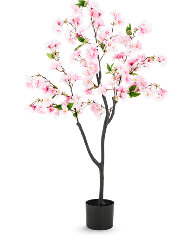 Kunst Kersenbloesem 120 cm roze met roze bloemen en groene bladeren in een zwarte pot, gemaakt van zijde bloemen voor een realistische uitstraling, tegen een witte achtergrond.