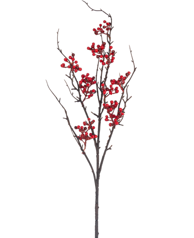 De Kunsttak Berry 93 cm rood heeft een kale bruine tak met meerdere uitlopers en trossen felrode bessen tegen een effen witte achtergrond.