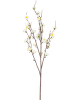 De Kunst Japanse Kersenbloesem 94 cm wit heeft een enkele bruine tak met meerdere dunne uitlopers en kleine witte kunstmatige kersenbloesems, tegen een effen witte achtergrond.