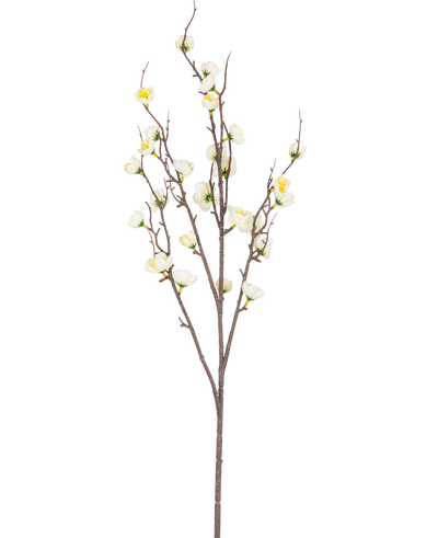 De Kunst Japanse Kersenbloesem 94 cm wit heeft een enkele bruine tak met meerdere dunne uitlopers en kleine witte kunstmatige kersenbloesems, tegen een effen witte achtergrond.