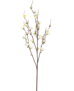 De Kunst Japanse Kersenbloesem 94 cm wit heeft een enkele bruine tak met meerdere dunne uitlopers en kleine witte kunstmatige kersenbloesems, tegen een effen witte achtergrond.