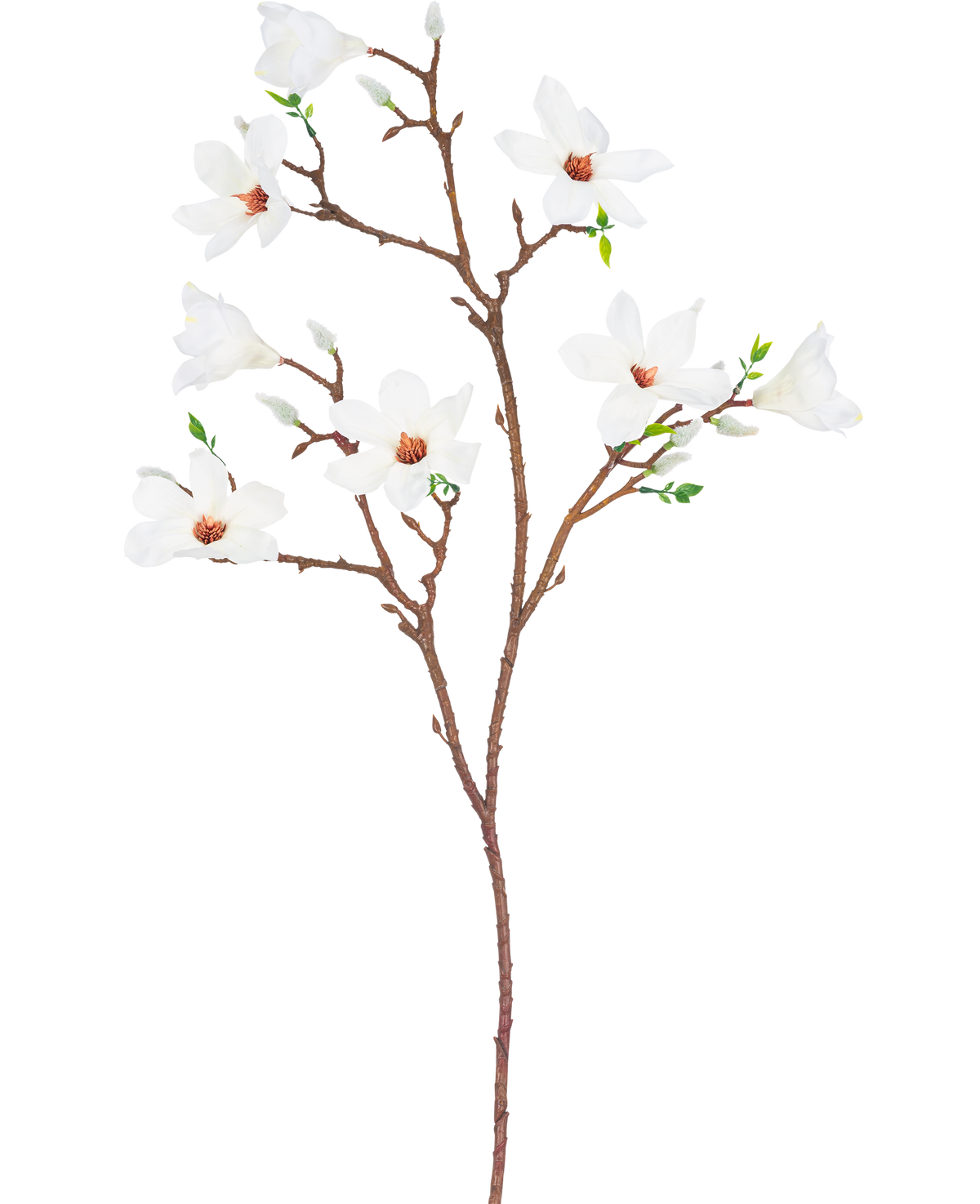 The Artificial Branch Magnolia small flowered 89 cm white has a single brown branch with several offshoots, with multiple open white flowers with a light pink heart and small green leaves, against a plain white background.