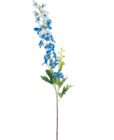 De Kunstbloem Delphinium 79 cm blauw heeft een enkele lange steel met blauwe bloemen in trossen en groene bladeren tegen een witte achtergrond. De bloemen gaan van licht- naar diepblauw langs de bovenkant van de steel.