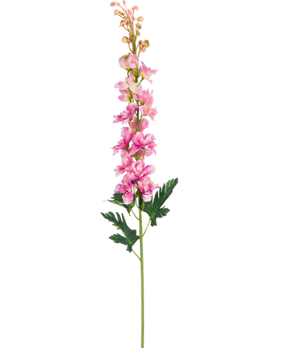 Een enkele Kunstbloem Delphinium 79 cm roze bloem met groene, diep gelobde bladeren, geïsoleerd op een witte achtergrond.