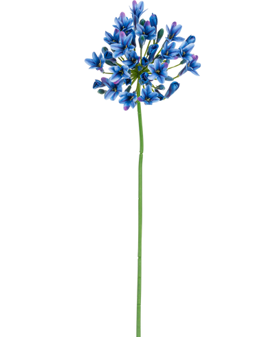 De Kunstbloem Agapanthus 77 cm blauw heeft één lange groene steel met daarop een tros levendige blauwe en paarse bloemen tegen een effen witte achtergrond.
