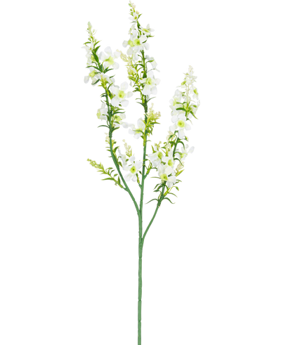 De Kunstbloem Catnip 75 cm wit heeft een enkele groene steel met meerdere takken van kleine witte bloemen en geelgroene knoppen, geïsoleerd op een witte achtergrond.