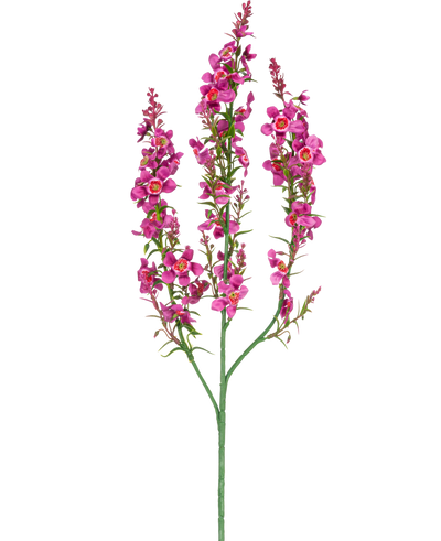 Een Kunstbloem Catnip 75 cm lichtroze heeft een enkele groene steel met drie takken, elk met clusters van kleine, lichtroze bloemen en groene bladeren, tegen een effen witte achtergrond.