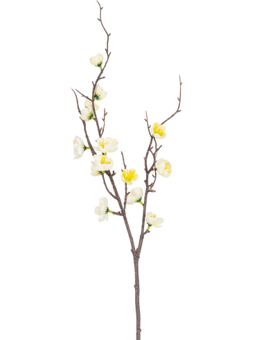 De Kunsttak Prunus 78 cm wit heeft een enkele bruine tak met meerdere uitlopers, versierd met kleine witte en gele bloemen, tegen een effen witte achtergrond.