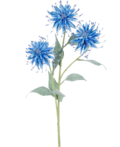 De Kunstbloem Scabiosa Japonica 70 cm blauw heeft een enkele groene steel met drie blauwe, piekerige kunstbloemen en verschillende groene bladeren, tegen een effen witte achtergrond.