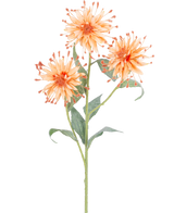 Een Kunstbloem Scabiosa Japonica 70 cm perzik steel met drie oranje kunstbloemen, stekelige bloemblaadjes en groene bladeren, afgebeeld tegen een witte achtergrond.