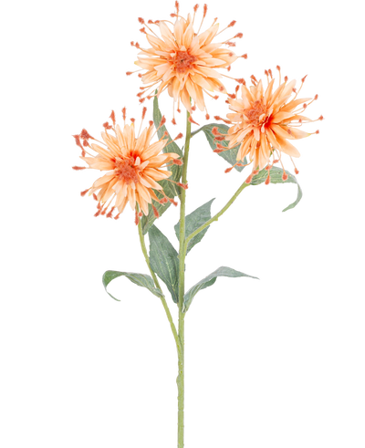Een Kunstbloem Scabiosa Japonica 70 cm perzik steel met drie oranje kunstbloemen, stekelige bloemblaadjes en groene bladeren, afgebeeld tegen een witte achtergrond.