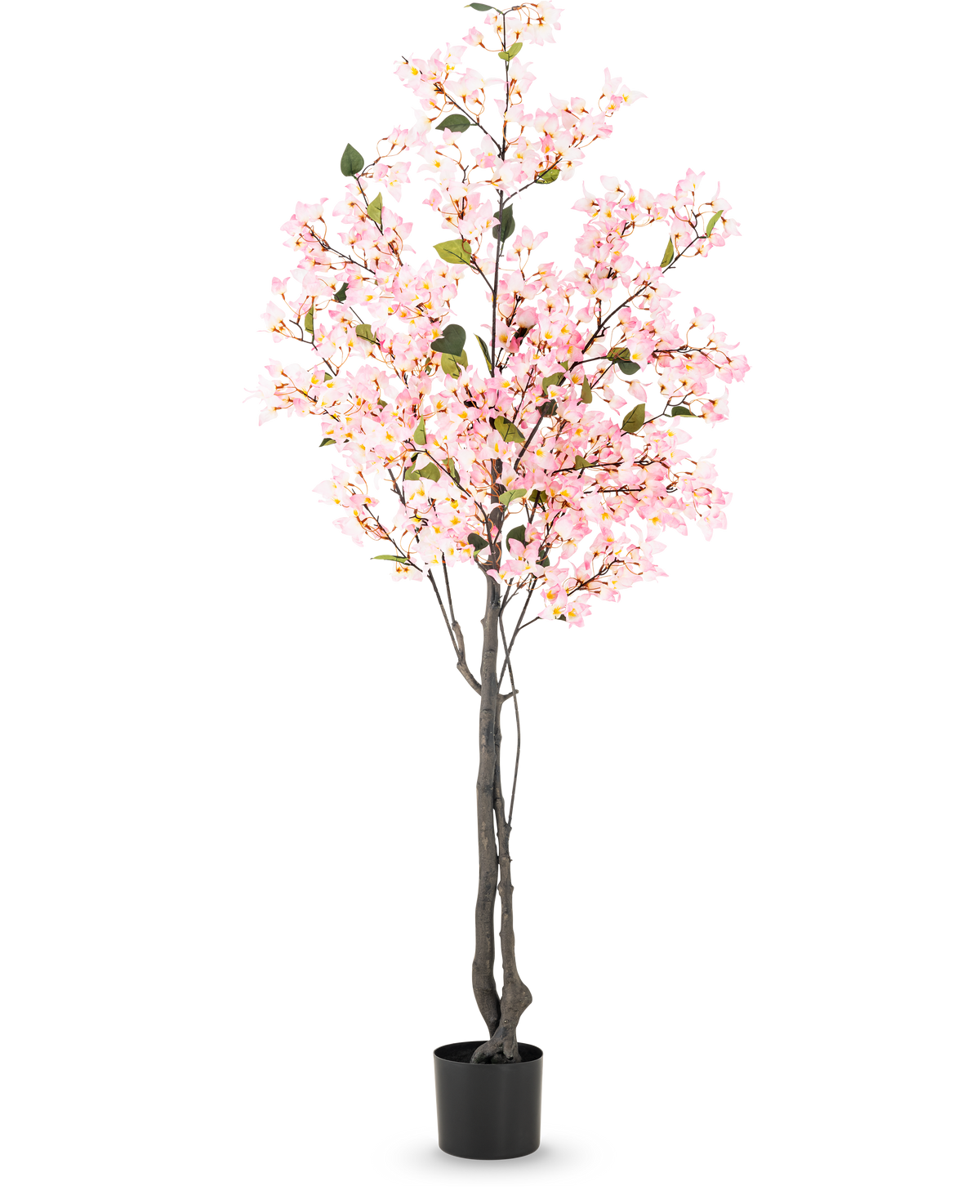 Artificial plant Bougainvillea 180 cm pink with several branches full of small pink flowers and green leaves in a simple black pot, against a white background.