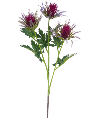 The Artificial Branch Thistle 67 cm purple has a single stem with three spiky, purple thistle-like flowers and irregular green leaves against a white background.
