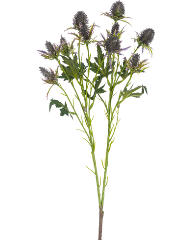 The Artificial Branch Thistle 68 cm blue has a single stem with multiple spiky blue thistle flowers and serrated green leaves, isolated on a white background.