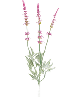 The Artificial Branch Lavender 66 cm purple has a single stem with three high, slender spikes of small purple flowers and several green, serrated leaves against a white background.