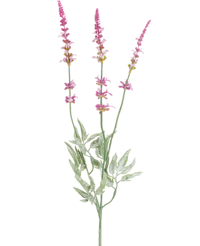 The Artificial Branch Lavender 66 cm purple has a single stem with three high, slender spikes of small purple flowers and several green, serrated leaves against a white background.