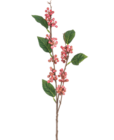 De Kunsttak Berries 64 cm roze heeft meerdere trossen kleine, ronde roze bessen met groen gekartelde bladeren op dunne bruine stelen, allemaal geïsoleerd tegen een witte achtergrond.