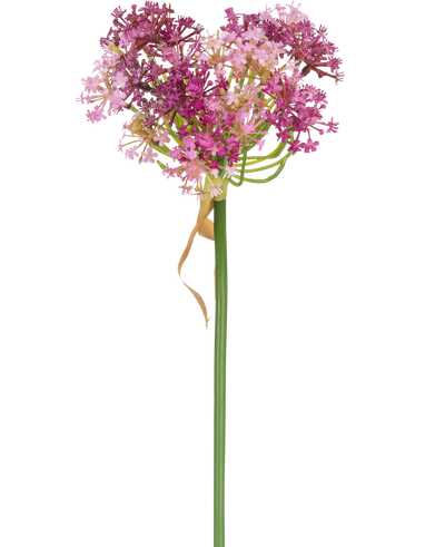 De Kunstbloem Allium 60 cm paars heeft een hoge groene steel met een hartvormige tros kleine roze en paarse bloemen, geaccentueerd door een dun, gedroogd lichtbruin blad dat losjes om de steel zit, tegen een witte achtergrond.