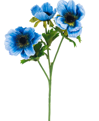 De Kunstbloem Anemone dubbel 56 cm blauw heeft een enkele groene steel met drie blauwe anemoonbloemen en verschillende groene bladeren, afgebeeld tegen een effen witte achtergrond.
