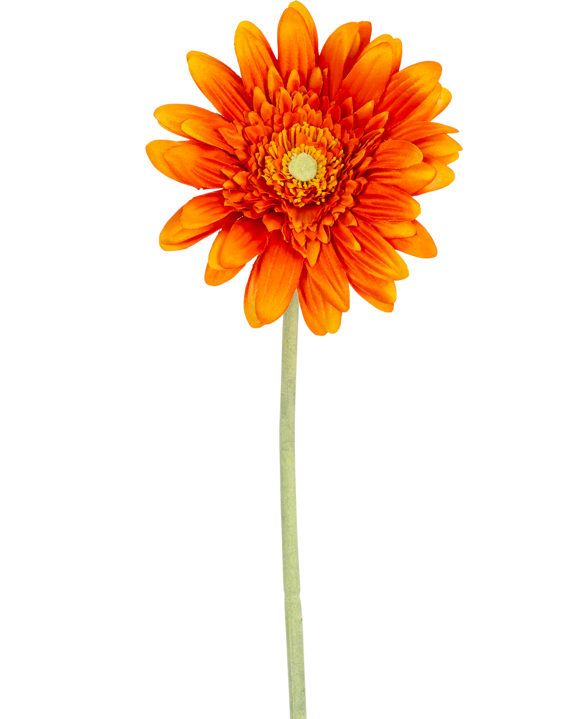 The Artificial Flower Gerbera 53 cm orange has a vibrant orange gerbera with layered petals and a yellow heart, on a long green stem against a plain white background.