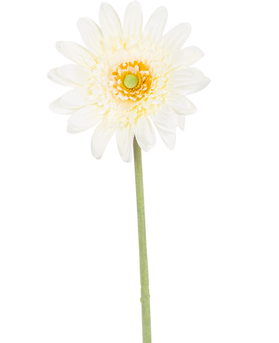 De Kunstbloem Gerbera 53 cm wit heeft een enkele witte, margrietachtige bloem met gelaagde bloemblaadjes, een geelgroen hart en een lange groene steel tegen een witte achtergrond.