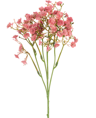 The Artificial Gypsophila Branch 48 cm vintage pink has a single green stem with multiple thin branches, each decorated with bunches of small, round pink flowers, all against a plain white background.