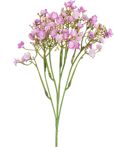 De Kunsttak Gipskruid 46 cm roze heeft delicate roze gipskruidbloemen met kleine, ronde bloemblaadjes op dunne groene stelen, tegen een witte achtergrond.