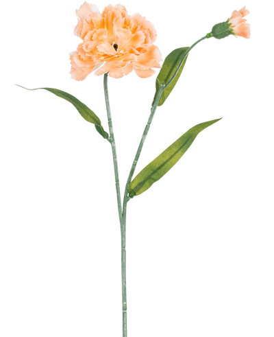 De Kunstbloem Anjer 40 cm perzik is een kunstanjer in licht perzik met groene bladeren en een kleine ongeopende knop, afgebeeld op een witte achtergrond.