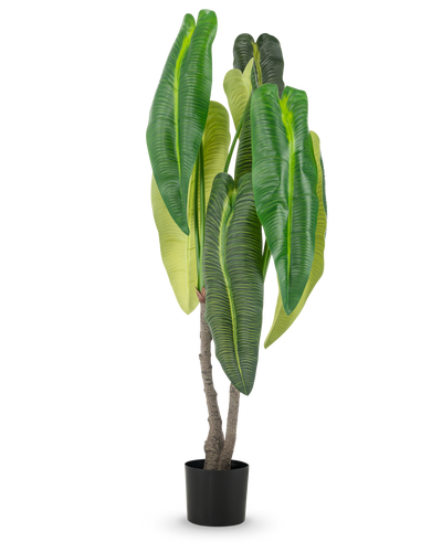 Een Kunstplant Anthurium 150 cm met grote bladeren in een pot.