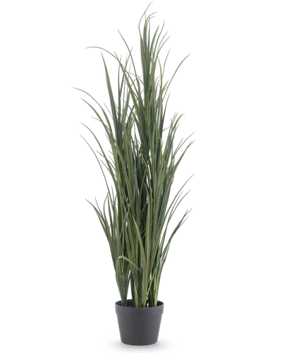 De Kunstgras Groen UV 120cm is een hoge kunstgrasplant met lange, slanke groene bladeren in een eenvoudige zwarte pot, tegen een effen witte achtergrond.