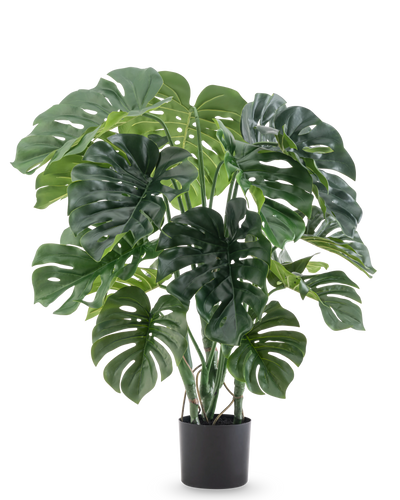 De Kunstplant Monstera 90 cm heeft grote, gespleten groene bladeren en wordt geleverd in een zwarte pot, tegen een effen witte achtergrond.