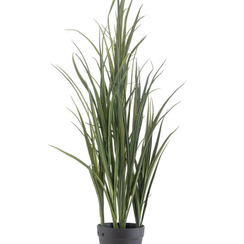The Artificial Grass Green UV 90cm is a tall artificial plant with long, slender green leaves that stand upright in a dark gray pot on a plain white background.