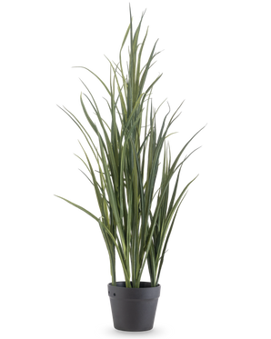 The Artificial Grass Green UV 90cm is a tall artificial plant with long, slender green leaves that stand upright in a dark gray pot on a plain white background.